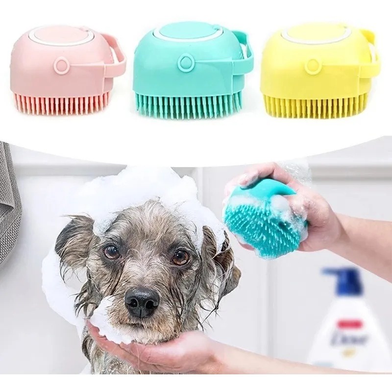 Escova de Silicone para Banho Pet com Dispenser de Shampoo