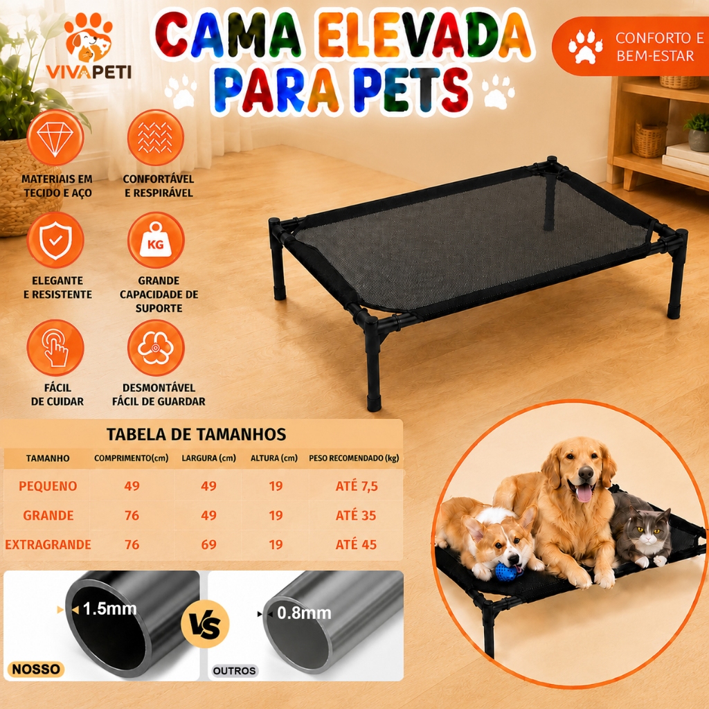 Cama Elevada Suspensa para Cães e Gatos em Aço e Tecido Mesh